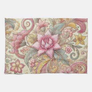 Pink Blue Yellow Indonesian Batik Boho Watercolor Tea Towel