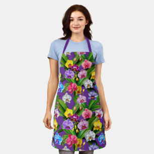 Pink Blue Yellow Lilac Green Orchid Flowers Apron