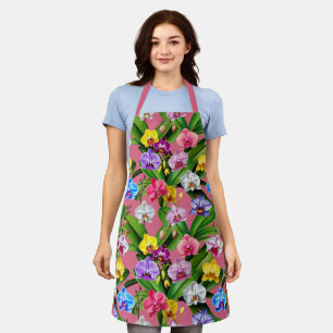 Pink Blue Yellow Lilac Green Orchid Flowers Apron