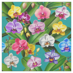 Pink Blue Yellow Lilac Green Orchid Flowers Fabric