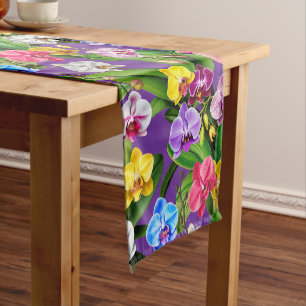 Pink Blue Yellow Lilac Green Orchid Flowers Short Table Runner