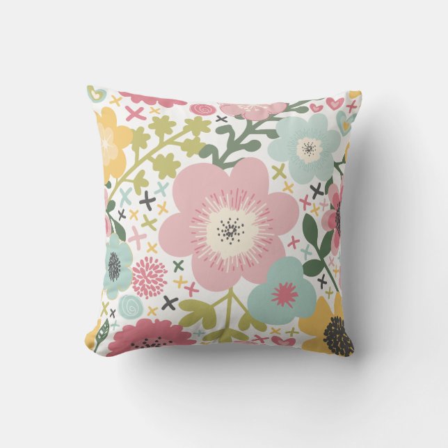 Pink Blue Yellow Modern Floral Cushion (Front)