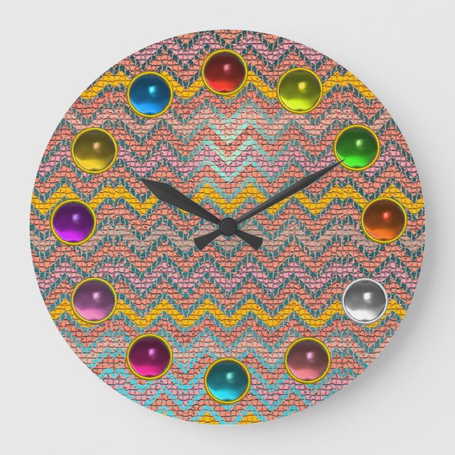 PINK BLUE YELLOW MOSAIC CHEVRON,COLORFUL GEMSTONES LARGE CLOCK (Front)