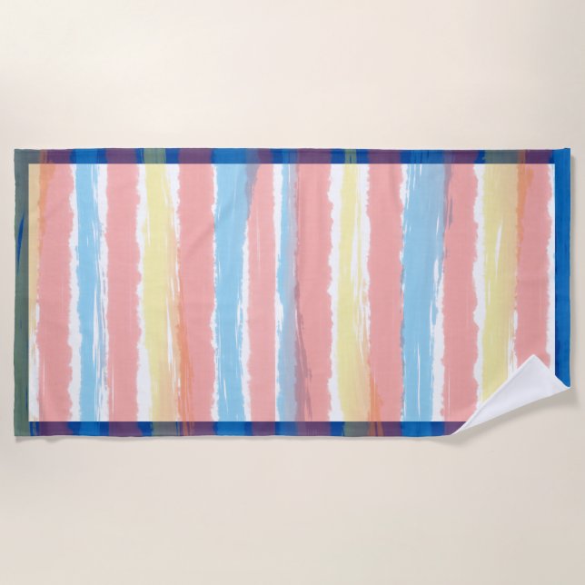Pink Blue Yellow Pastel Stripes Beach Towel (Front)