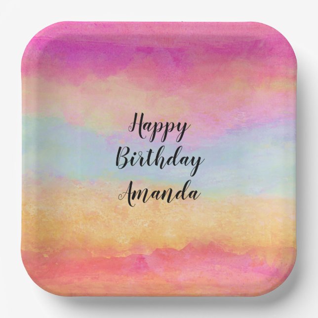 Pink Blue Yellow Rainbow Abstract Stripes Birthday Paper Plate (Front)