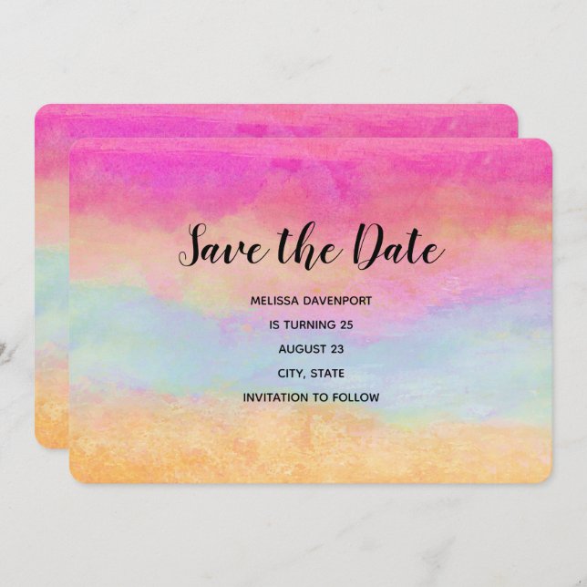 Pink Blue Yellow Rainbow Abstract Stripes Birthday Save The Date (Front/Back)