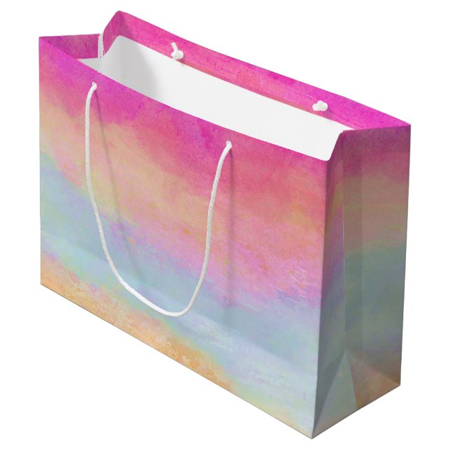 Pink Blue Yellow Rainbow Abstract Stripes Large Gift Bag (Front Angled)