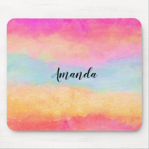 Pink Blue Yellow Rainbow Abstract Stripes Mouse Mat