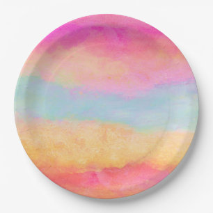 Pink Blue Yellow Rainbow Abstract Stripes Paper Plate