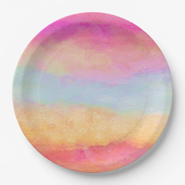 Pink Blue Yellow Rainbow Abstract Stripes Paper Plate (Front)