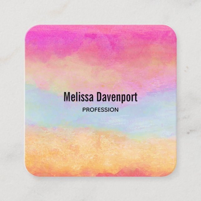 Pink Blue Yellow Rainbow Abstract Stripes Square Business Card (Front)