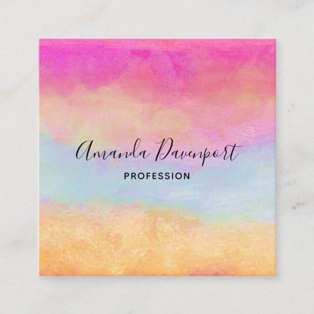 Pink Blue Yellow Rainbow Abstract Stripes Square Business Card (Front)