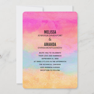 Pink Blue Yellow Rainbow Abstract Stripes Wedding Invitation