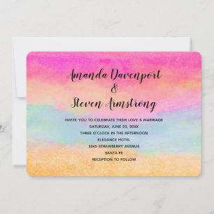 Pink Blue Yellow Rainbow Abstract Stripes Wedding Invitation