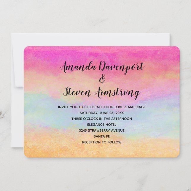 Pink Blue Yellow Rainbow Abstract Stripes Wedding Invitation (Front)