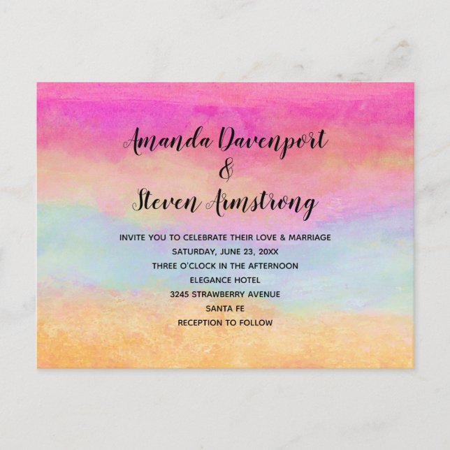 Pink Blue Yellow Rainbow Abstract Stripes Wedding Invitation Postcard (Front)