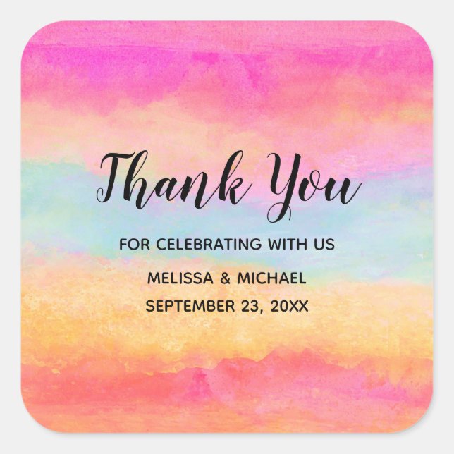 Pink Blue Yellow Rainbow Stripes Thank You Square Sticker (Front)