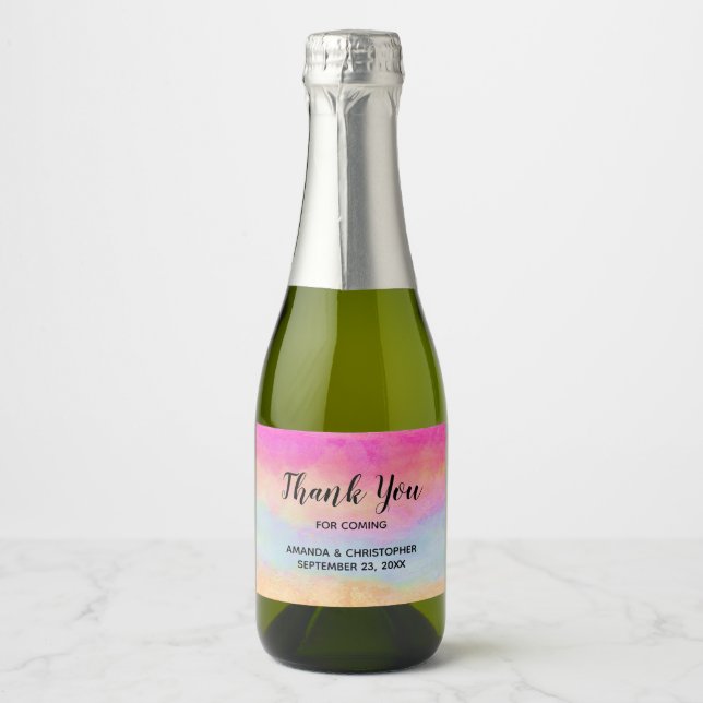 Pink Blue Yellow Rainbow Stripes Thank You Wedding Sparkling Wine Label (Front)