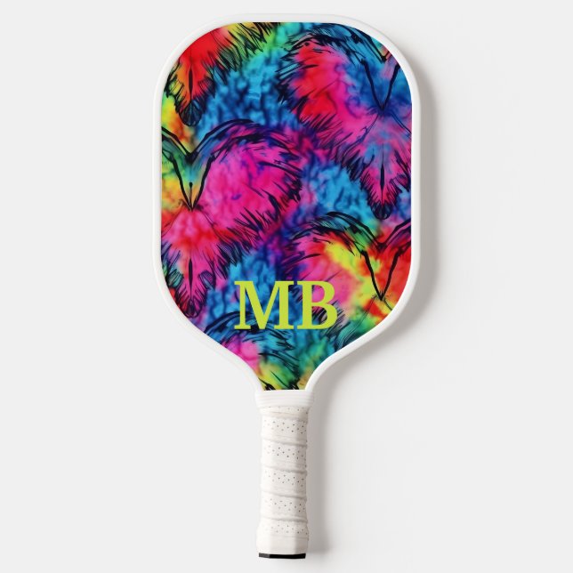 Pink Blue Yellow Tie Dye Hearts Monogram Pickleball Paddle (Back)