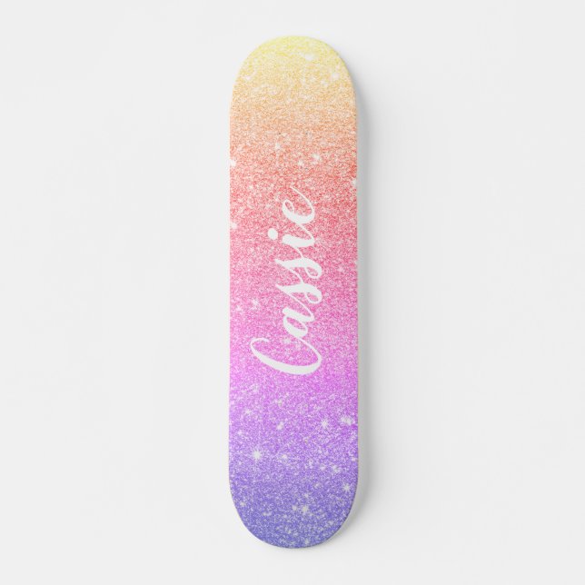 pink blue yellow unicorn rainbow glitter ombre skateboard (Front)