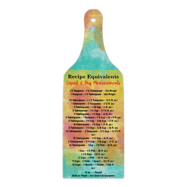 Pink Blue Yellow Watercolor Recipe Equivalents Cutting Board (Front)