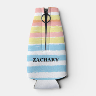 Pink Blue Yellow Watercolor Stripes Party Name Bottle Cooler