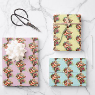 Pink Blue Yellow Wooden Cross Flowers Easter Wrapping Paper Sheet