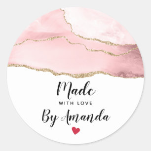 Pink Blush Agate Made with Love Classic Round Sticker