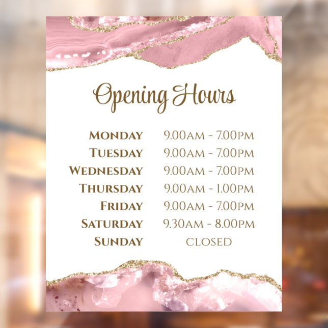 Pink Blush Agate Opening Hours Window Cling (Sheet 2)