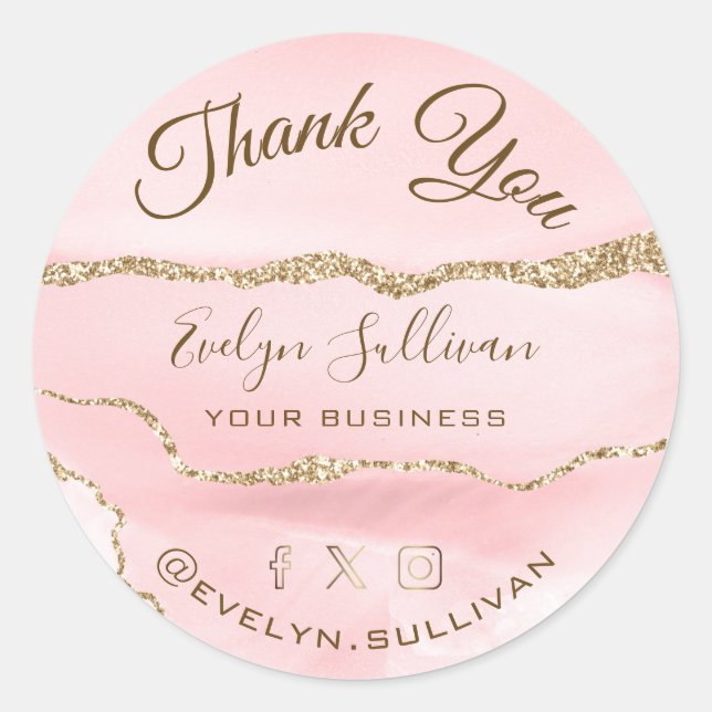 Pink Blush Agate Thank you Classic Round Sticker (Front)