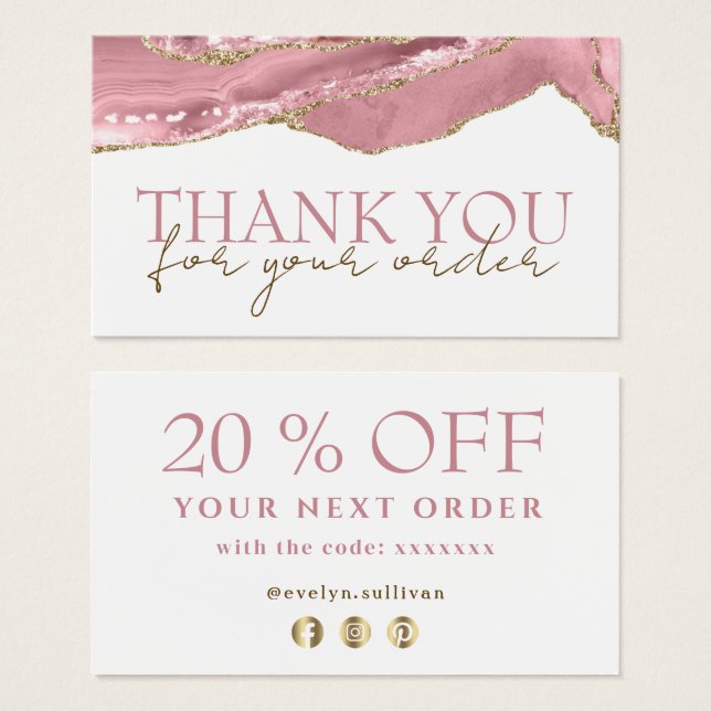 Pink blush agate thank you discount card (Front & Back)
