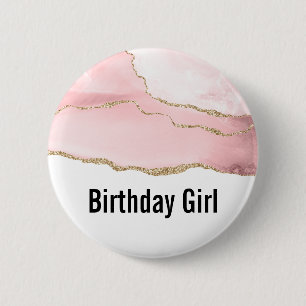 Pink Blush Agate with Gold Ribbon Birthday Girl 6 Cm Round Badge