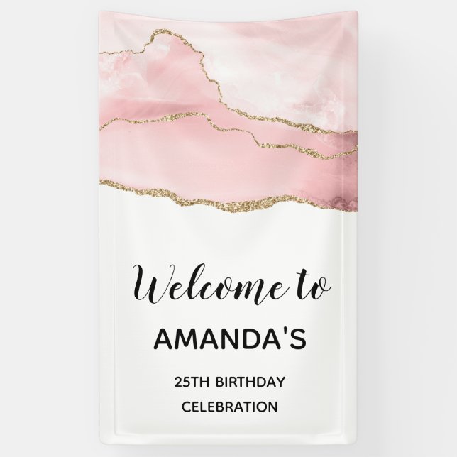 Pink Blush Agate with Gold Ribbon Elegant Birthday Banner (Vertical)