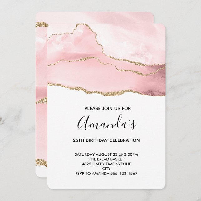 Pink Blush Agate with Gold Ribbon Elegant Birthday Invitation (Front/Back)