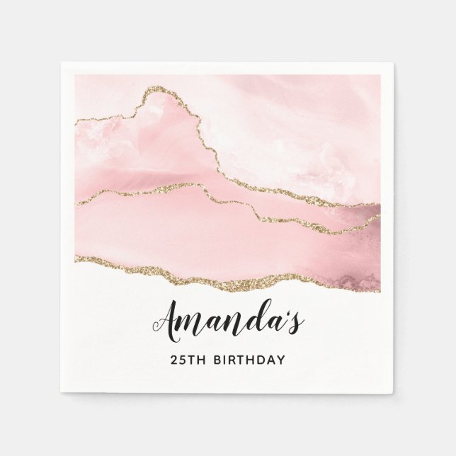 Pink Blush Agate with Gold Ribbon Elegant Birthday Napkin (Front)