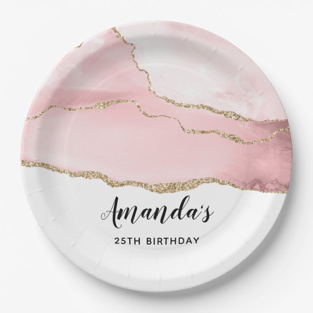 Pink Blush Agate with Gold Ribbon Elegant Birthday Paper Plate (Front)
