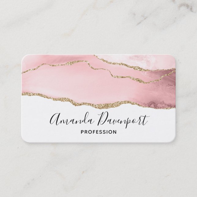 Pink Blush Agate with Gold Ribbon Elegant Business Business Card (Front)