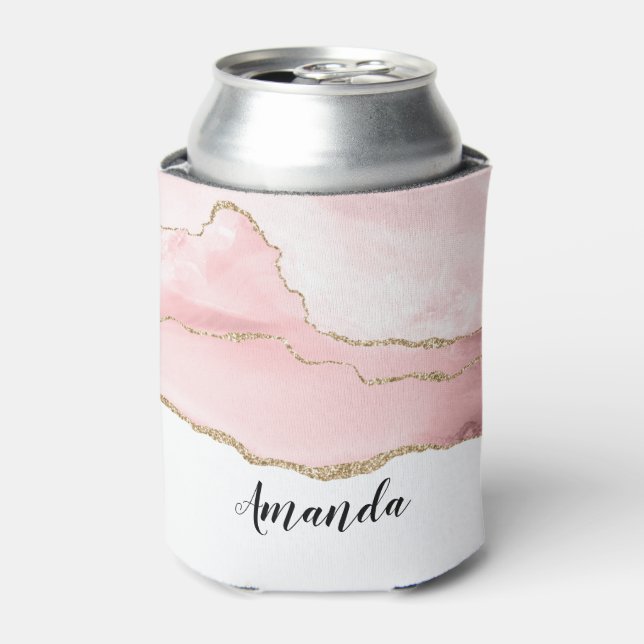 Pink Blush Agate with Gold Ribbon Elegant Can Cooler (Can Front)