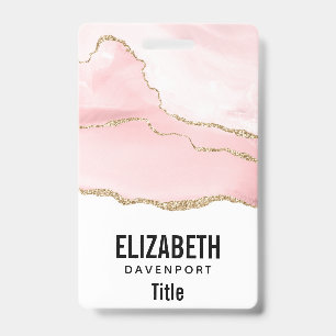 Pink Blush Agate with Gold Ribbon Elegant ID Badge