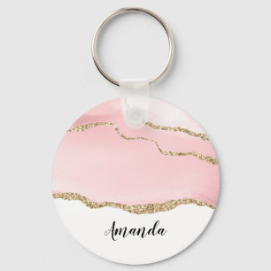 Pink Blush Agate with Gold Ribbon Elegant Key Ring