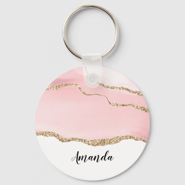 Pink Blush Agate with Gold Ribbon Elegant Key Ring (Front)