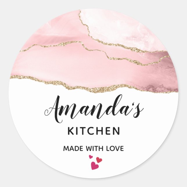 Pink Blush Agate with Gold Ribbon Elegant Kitchen Classic Round Sticker (Front)