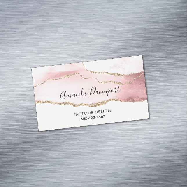 Pink Blush Agate with Gold Ribbon Elegant Magnetic Business Card (In Situ)
