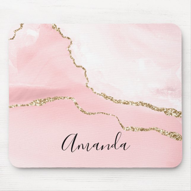 Pink Blush Agate with Gold Ribbon Elegant Mouse Mat (Front)