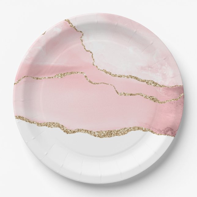 Pink Blush Agate with Gold Ribbon Elegant Paper Plate (Front)