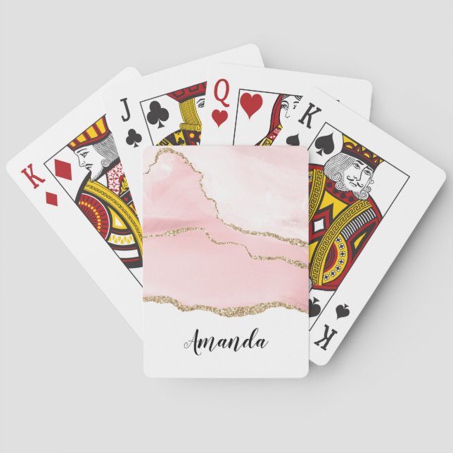 Pink Blush Agate with Gold Ribbon Elegant Playing Cards (Back)