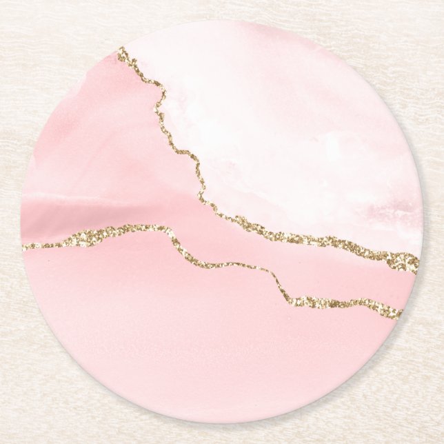 Pink Blush Agate with Gold Ribbon Elegant Round Paper Coaster (Front)