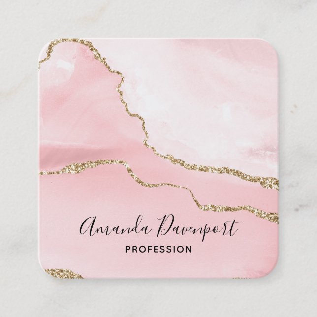 Pink Blush Agate with Gold Ribbon Elegant Square Business Card (Front)
