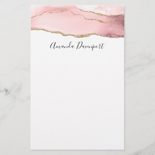 Pink Blush Agate with Gold Ribbon Elegant Stationery (Front)
