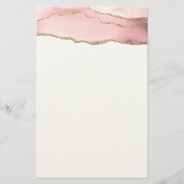 Pink Blush Agate with Gold Ribbon Elegant Stationery (Front)